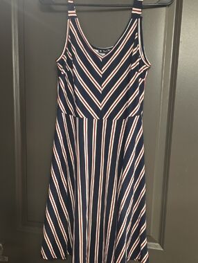 Navy Striped Midi Sundress with Red and White Accents